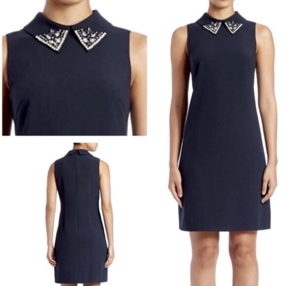 Eliza J Sz 6 Navy Blue Shift Dress Jeweled Collar Sleeveless Classic Preppy - Picture 9 of 15